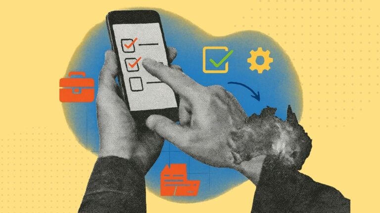 A collage of hands holding a phone with tradie business software and a map of Australia