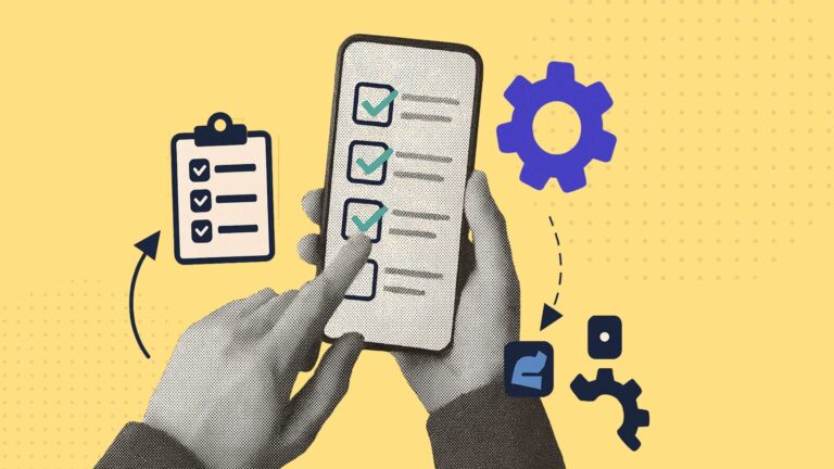 A collage of a hand holding a phone with workload management software for frontline workers