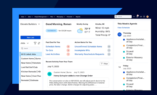 Buildertrend’s project management dashboard, with weather info, scheduled tasks, job lists, and team activity updates.
