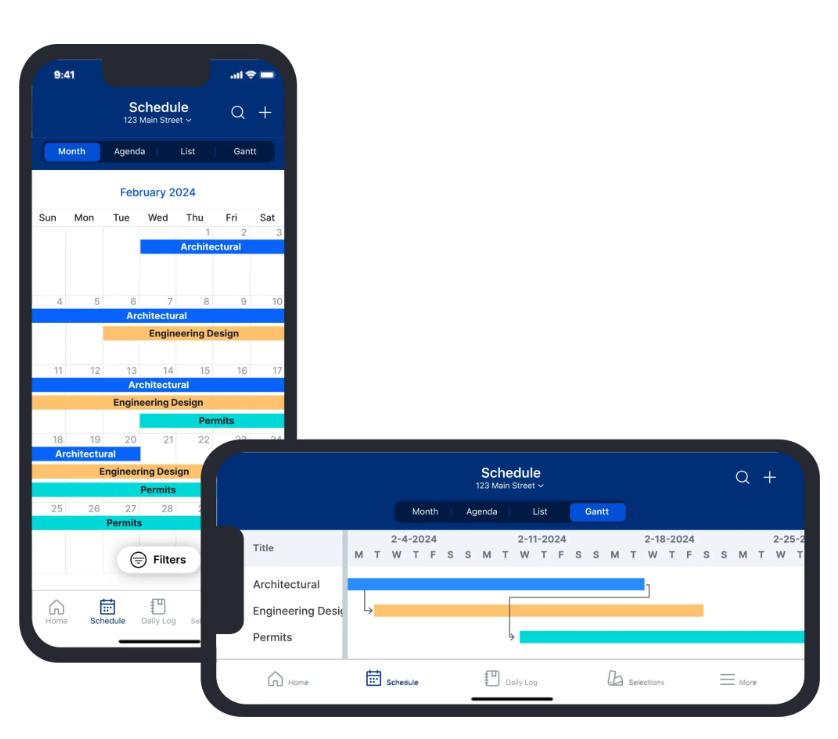 Buildertrend’s mobile app and web platform display construction project schedules with monthly and Gantt views.