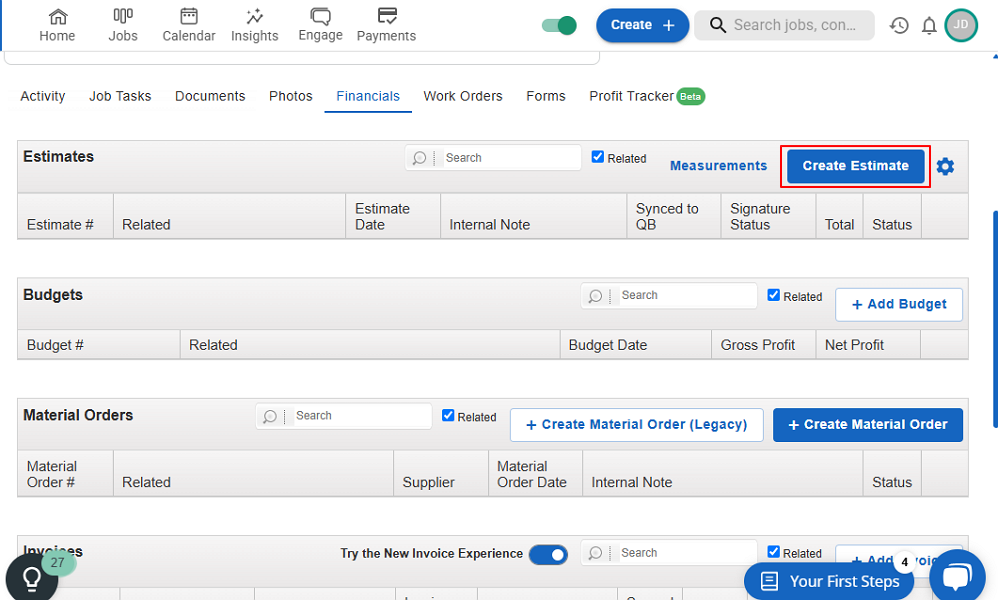 Screenshot showing “create estimate” button