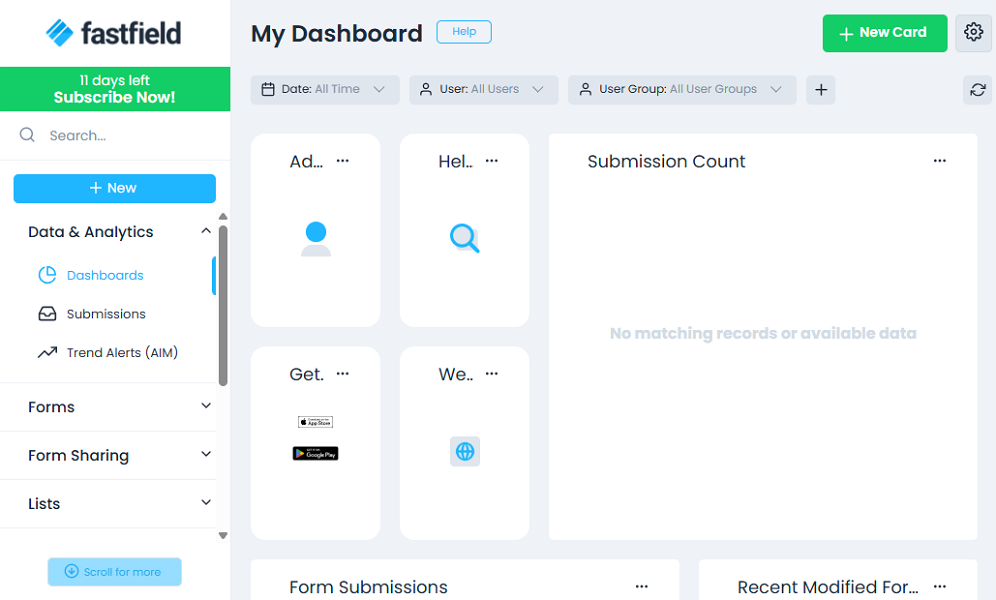Screenshot showing FastField web portal interface