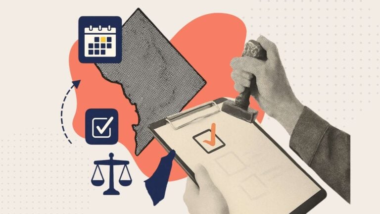 A collage of a hand with a legal document, legal scales and the District of Columbia