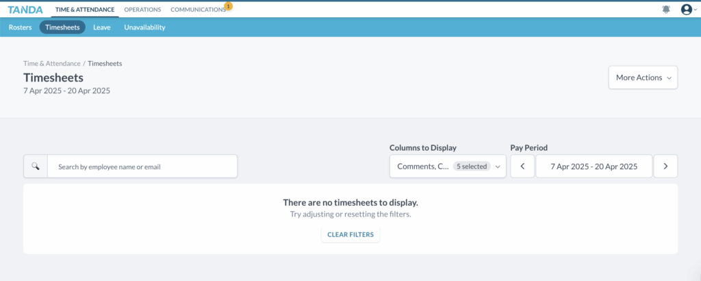Tanda’s employee dashboard, with timesheets, rosters, leave and unavailability as options in the navigation bar.