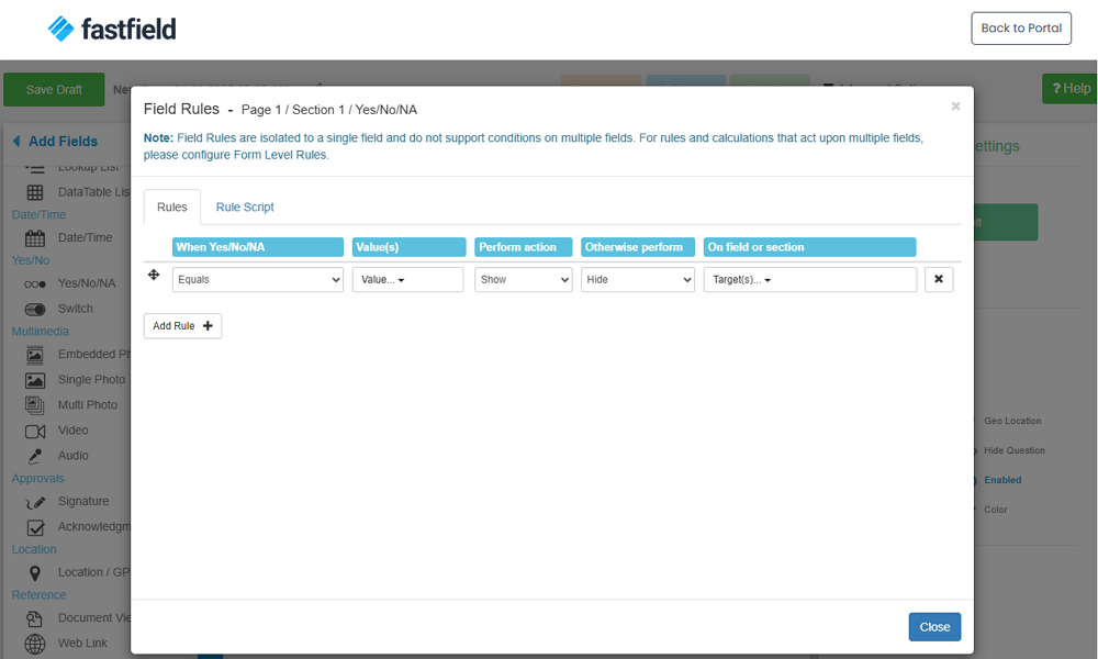 Screenshot showing the form rules page 