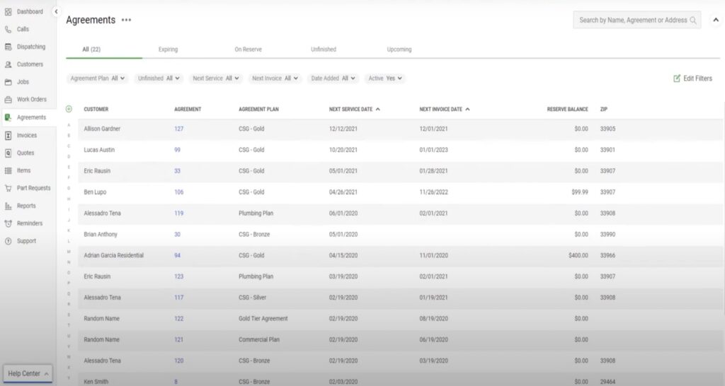 A list of service agreements in FieldEdge in a spreadsheet-like format, with columns for customer, agreement plan, next service date, and more.