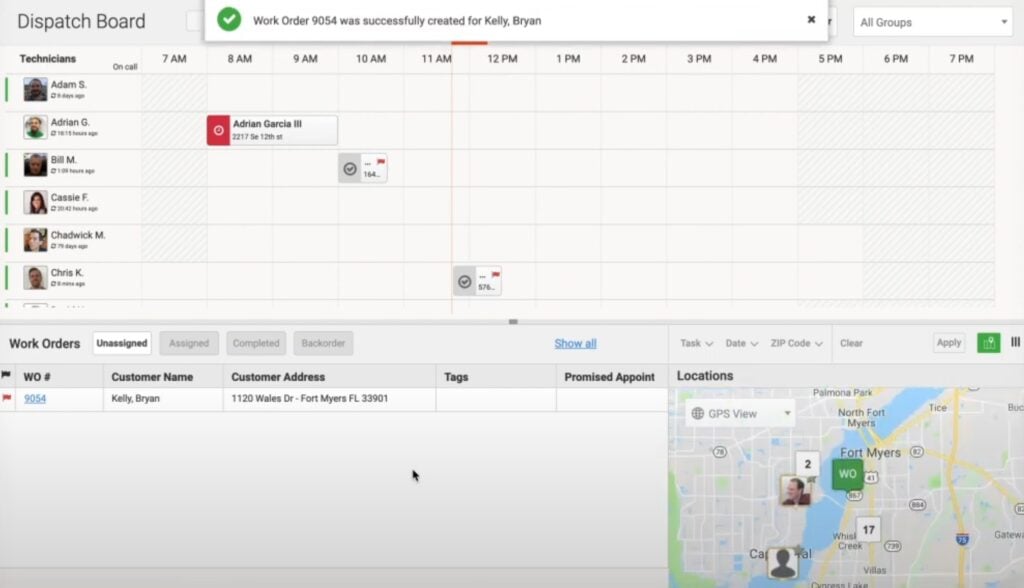 FieldEdge dispatch board showing technicians assigned to jobs and unassigned work orders.