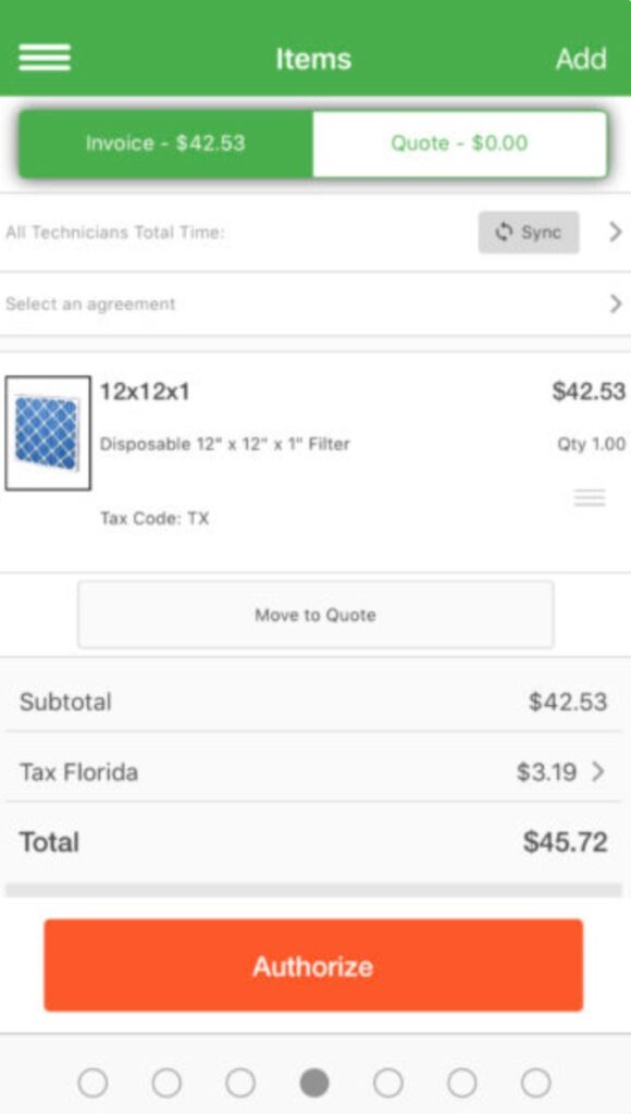 The FieldEdge app displaying a price list for payment.