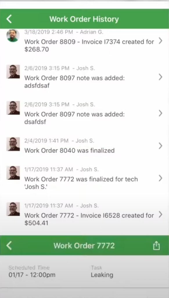 The FieldEdge mobile app showing a history of work orders for a job.