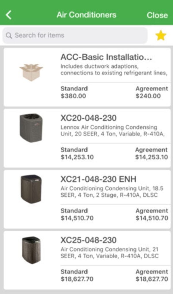 The FieldEdge price book on a mobile device.