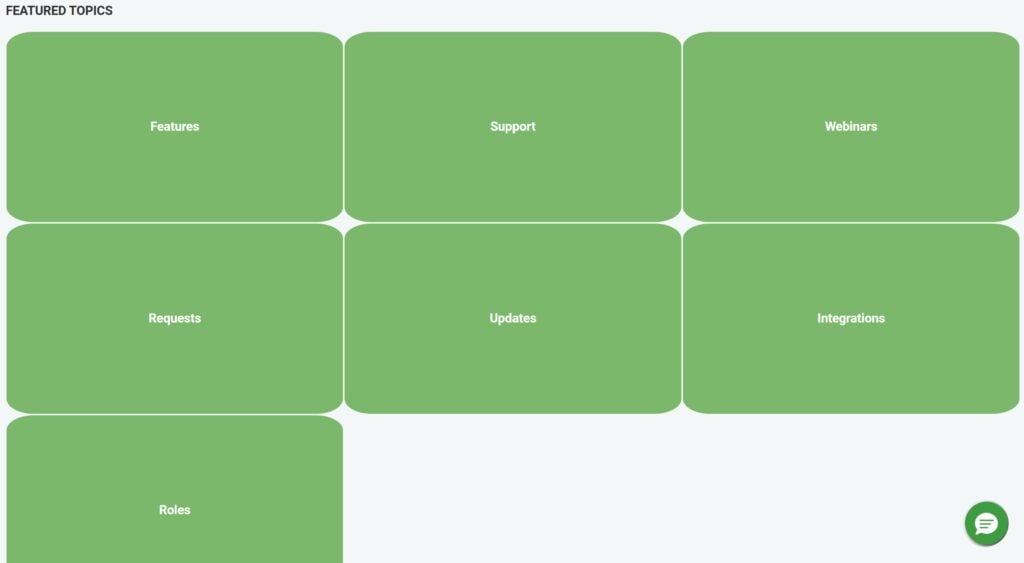 The featured topics in FieldEdge’s online knowledge base, which include “Features,” “Support,” and “Webinars.”