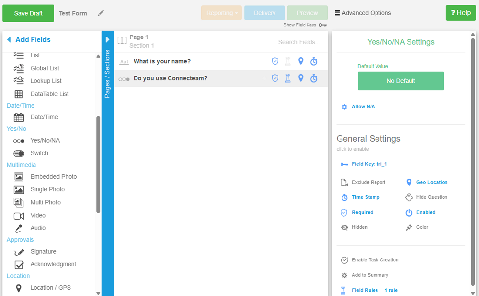 Screenshot showing FastField form builder