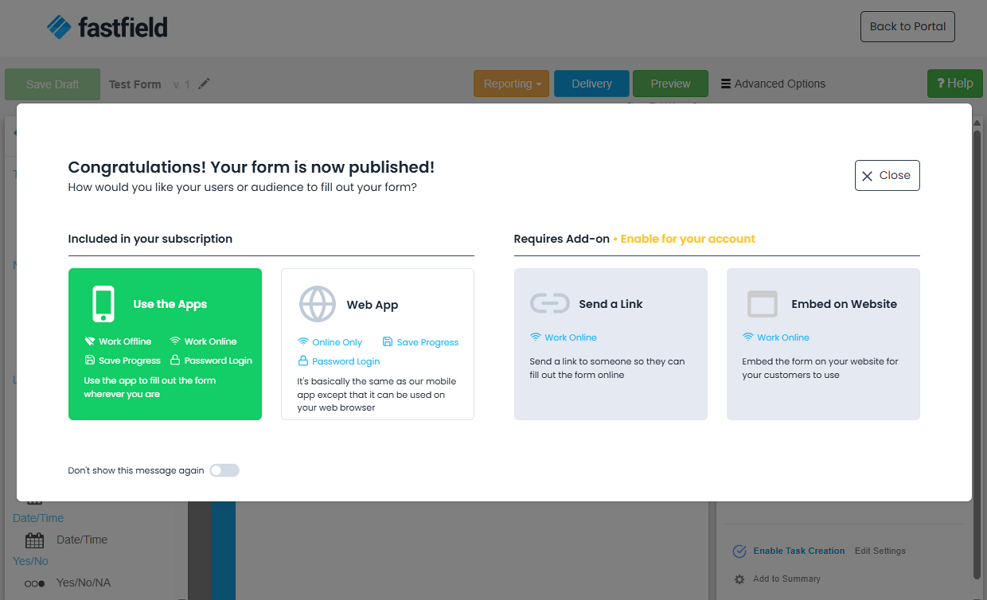 Screenshot showing form sharing options