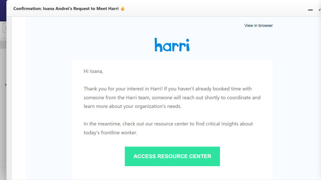 An automated email confirming my call with a Harri rep.