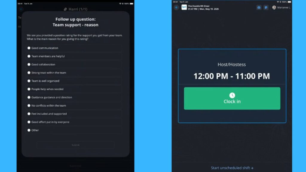 Screenshots of the Harri tablet app showing a clock-in button next to a clock-in announcement.