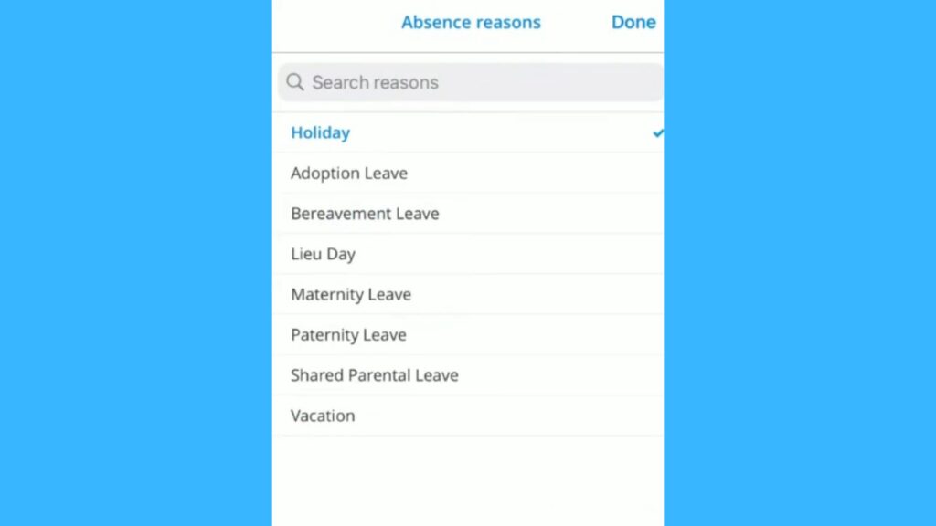 Screenshot of the Harri mobile app where an employee chooses an absence reason.