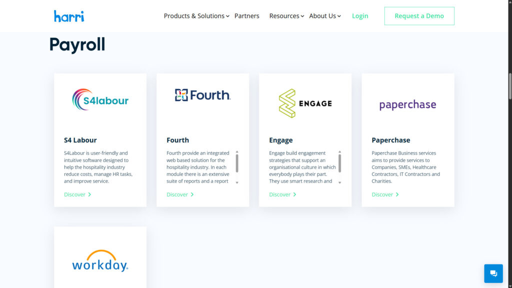 A list of 5 payroll platforms that Harri directly integrates with.