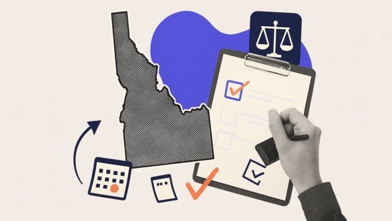 A collage of a hand with a legal document, legal scales and the state of Idaho
