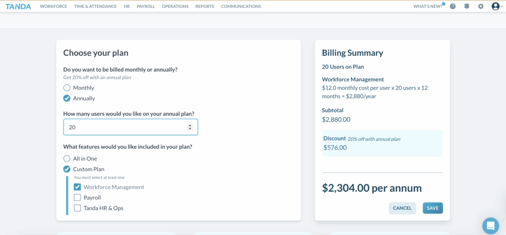 Tanda’s in-app pricing calculator, which shows costs for your chosen plan.