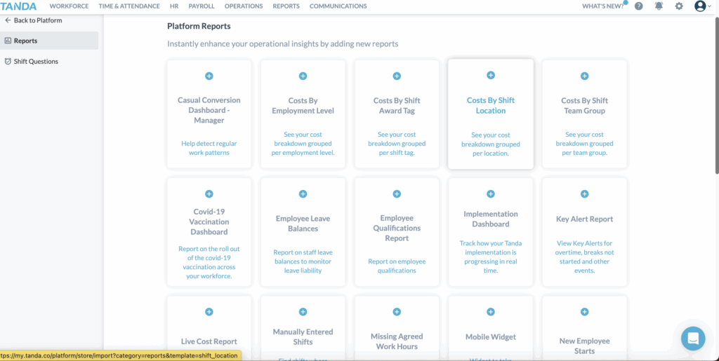 The reports selection showing cards for the different report widgets you can add to the admin dashboard