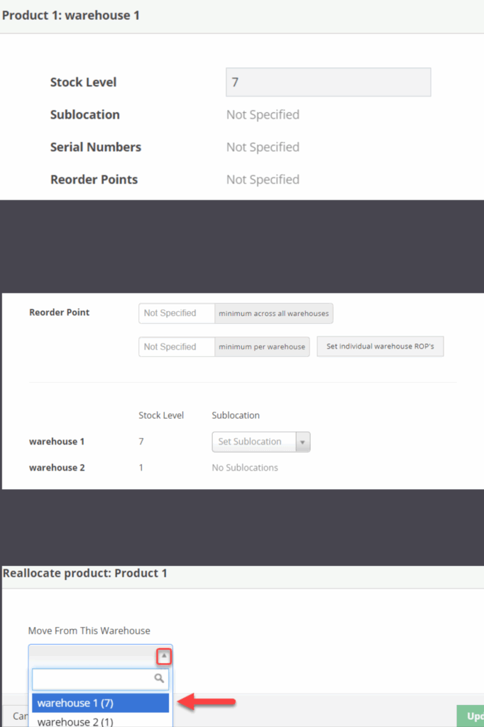 A collage of Service Fusion’s product detail, low stock alert, and inventory reallocation screens.