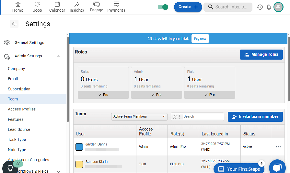 Screenshot showing JobNimbus user management page
