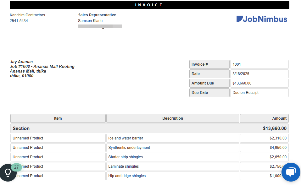 Screenshot showing sample JobNimbus invoice