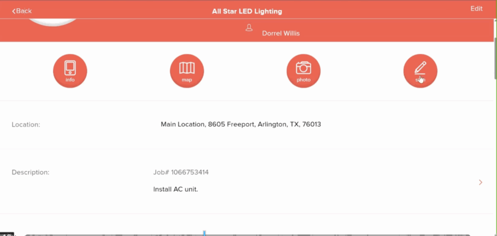 Job tracking for technicians in the Service Fusion mobile app, showing job details, a time tracker, picture uploader, and other features.
