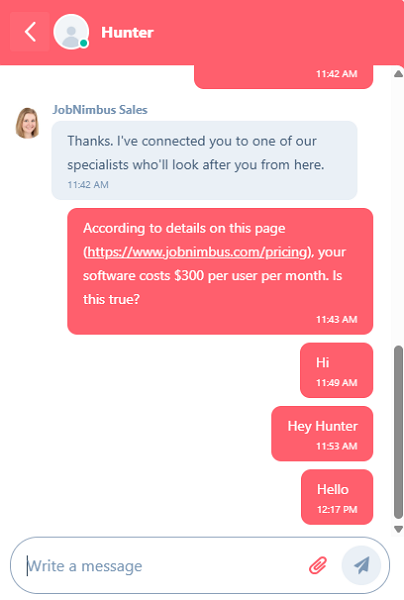 Screenshot showing JobNimbus live chat