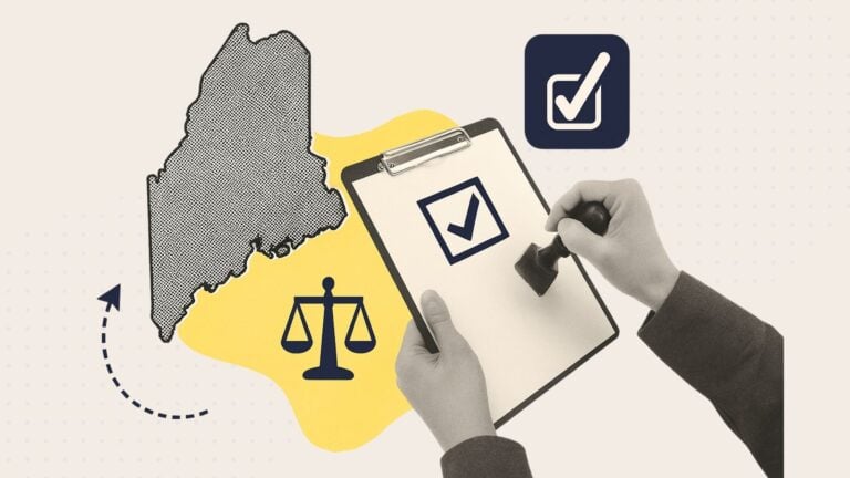 A collage of a hand with a legal document, legal scales and the state of Maine