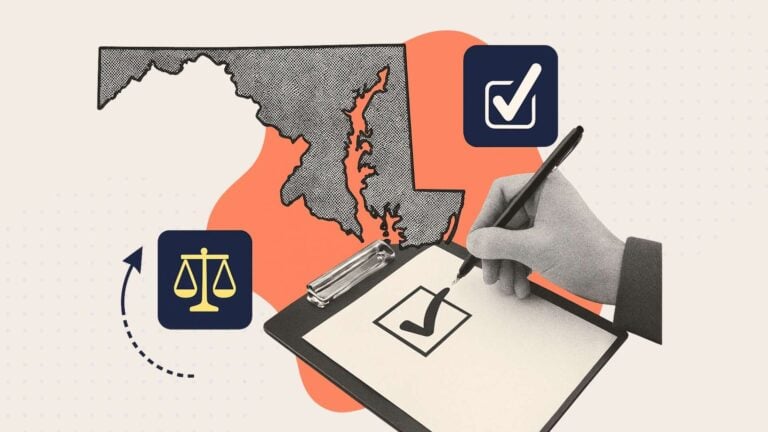 A collage of a hand with a legal document, legal scales and the state of Maryland