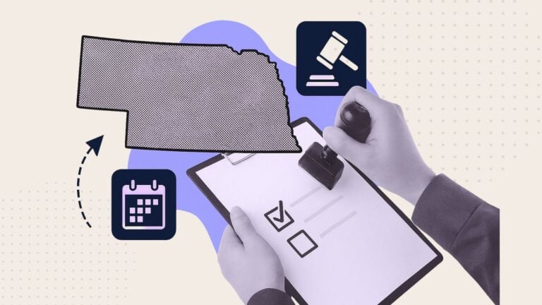 A collage of a hand holding a clipboard and an outline of the state of Nebraska