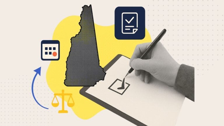 A collage of a hand holding a clipboard and an outline of the state of New Hampshire