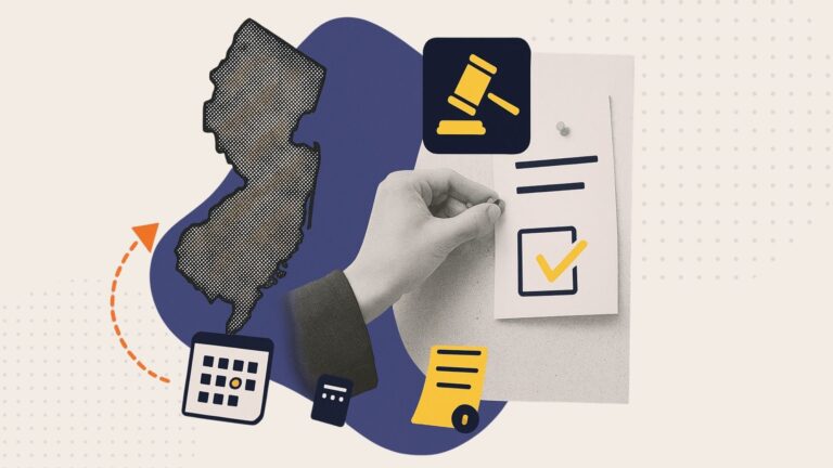 A collage of a hand pinning a notice to a board and an outline of the state of New Jersey