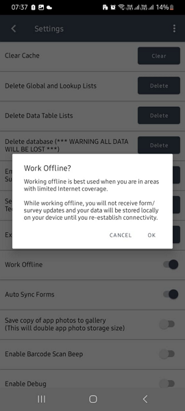 Screenshot showing FastField offline option.
