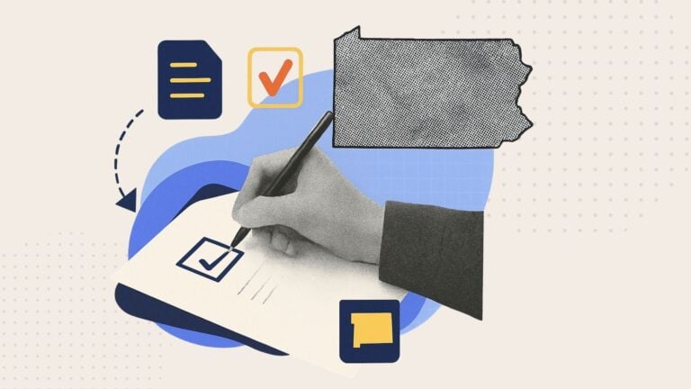 A collage of a hand filling out a form and an outline of the state of Pennsylvania