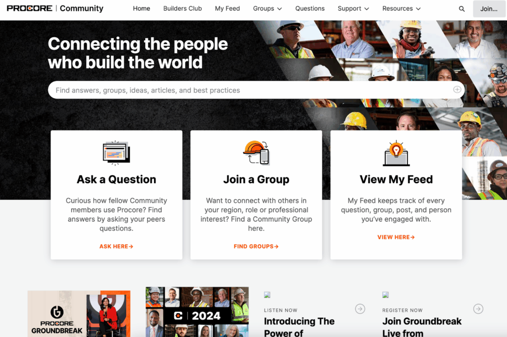 Screenshot of the Community tab on Procore’s website. Three large boxes feature the following options: “Ask a Question,” “Join a Group,” and “View My Feed.”