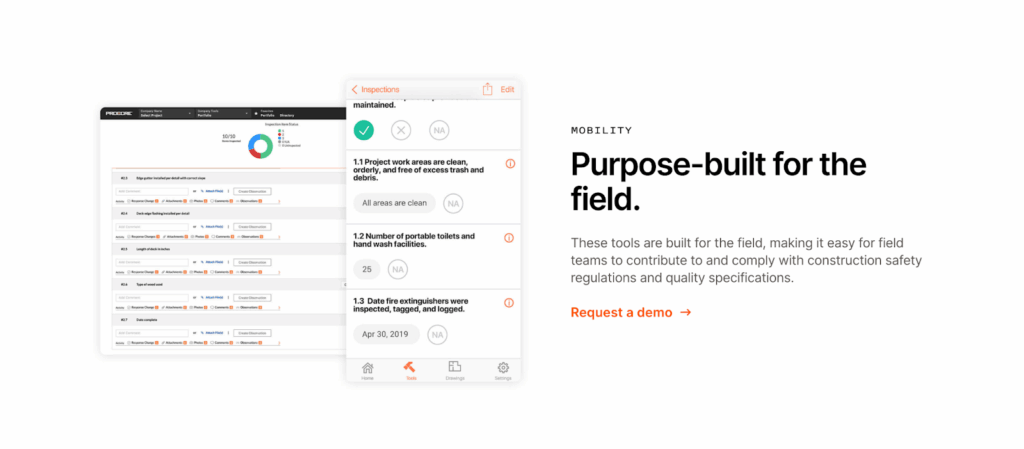 A screenshot from Procore’s website showing how managers can use Procore’s health and safety tool to create custom forms.