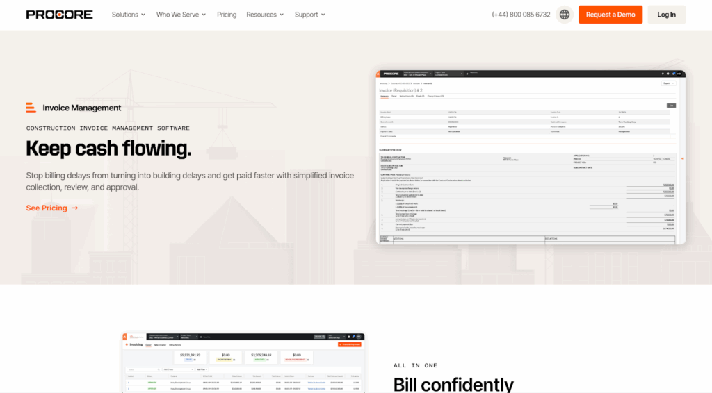A screenshot of Procore’s website featuring its invoice management software. On the right is an example of a cash flow sheet, and on the left is a link to the pricing page.
