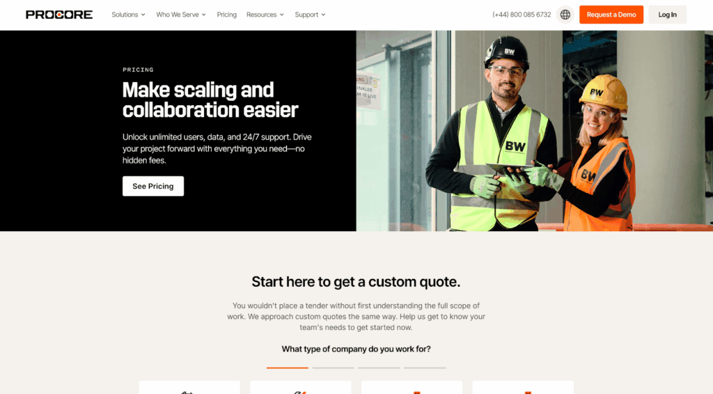 Procore’s pricing page. A banner in the middle of the page features 2 people wearing hard hats and smiling.