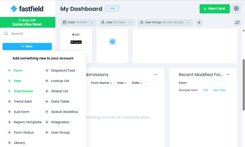 Screenshot showing quick-add options