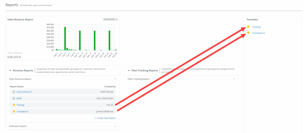 Service Fusion’s reports center with sales revenue, fleet tracking, estimates, and other reports.