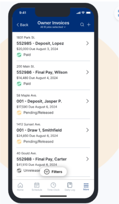 Buildertrend’s Mobile app interface showing a job summary screen with job selection, a time clock, and a to-do list.
