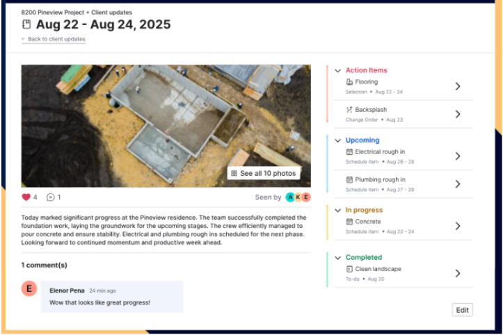 A construction progress update on Buildertrend’s platform showing an aerial view of a building foundation surrounded by dirt. It includes project timelines, tasks, and a comment.