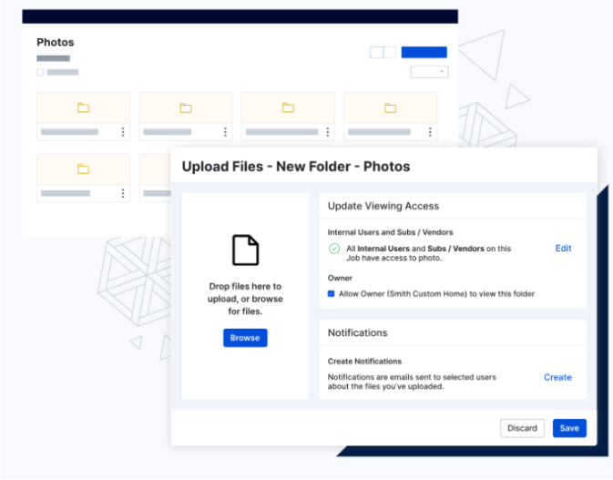 Buildertrend’s interface enables users to upload files with options for viewing access notifications and a drag-and-drop area.