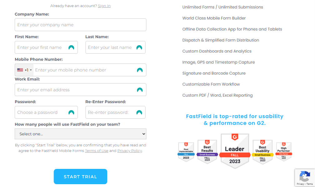 Image showing FastField’s signup page