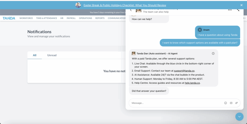 Asking the AI assistant Dan a question via the in-app chat feature