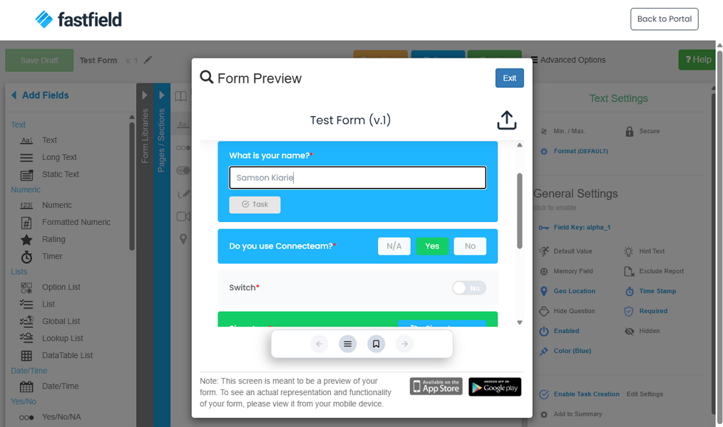 Screenshot showing FastField form preview