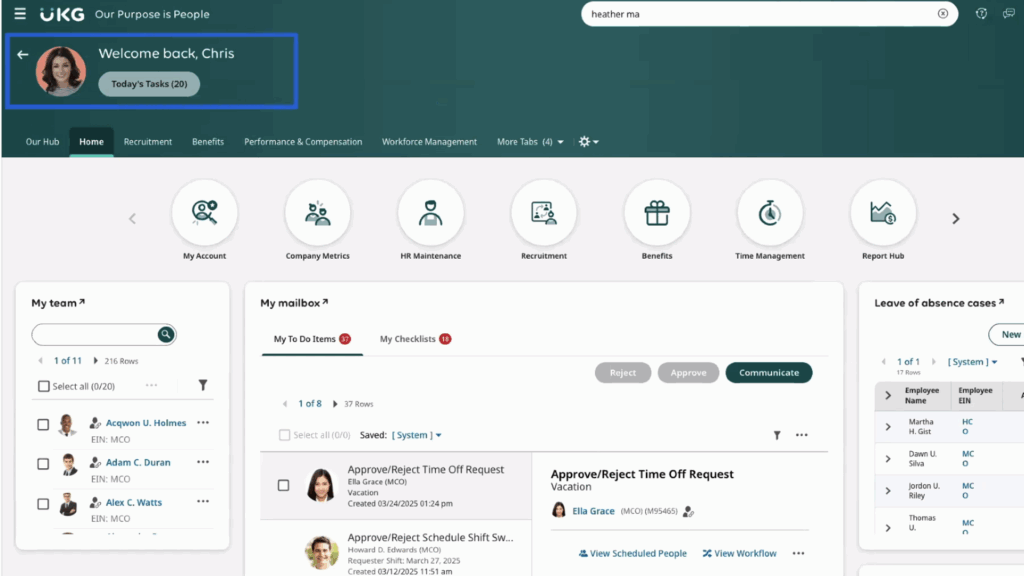 UKG’s admin portal looks the same as the employee portal but provides access to more features, such as company metrics, reporting, employee benefits, recruitment, performance, workforce management, and more. 