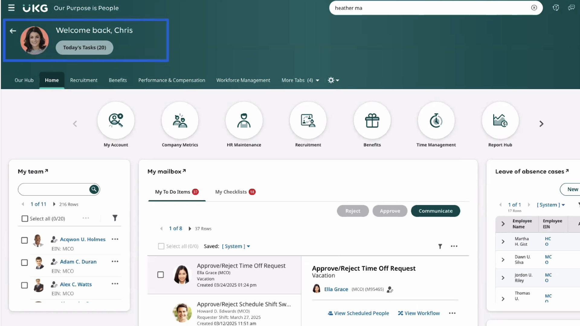UKG’s admin portal looks the same as the employee portal but provides access to more features, such as company metrics, reporting, employee benefits, recruitment, performance, workforce management, and more.